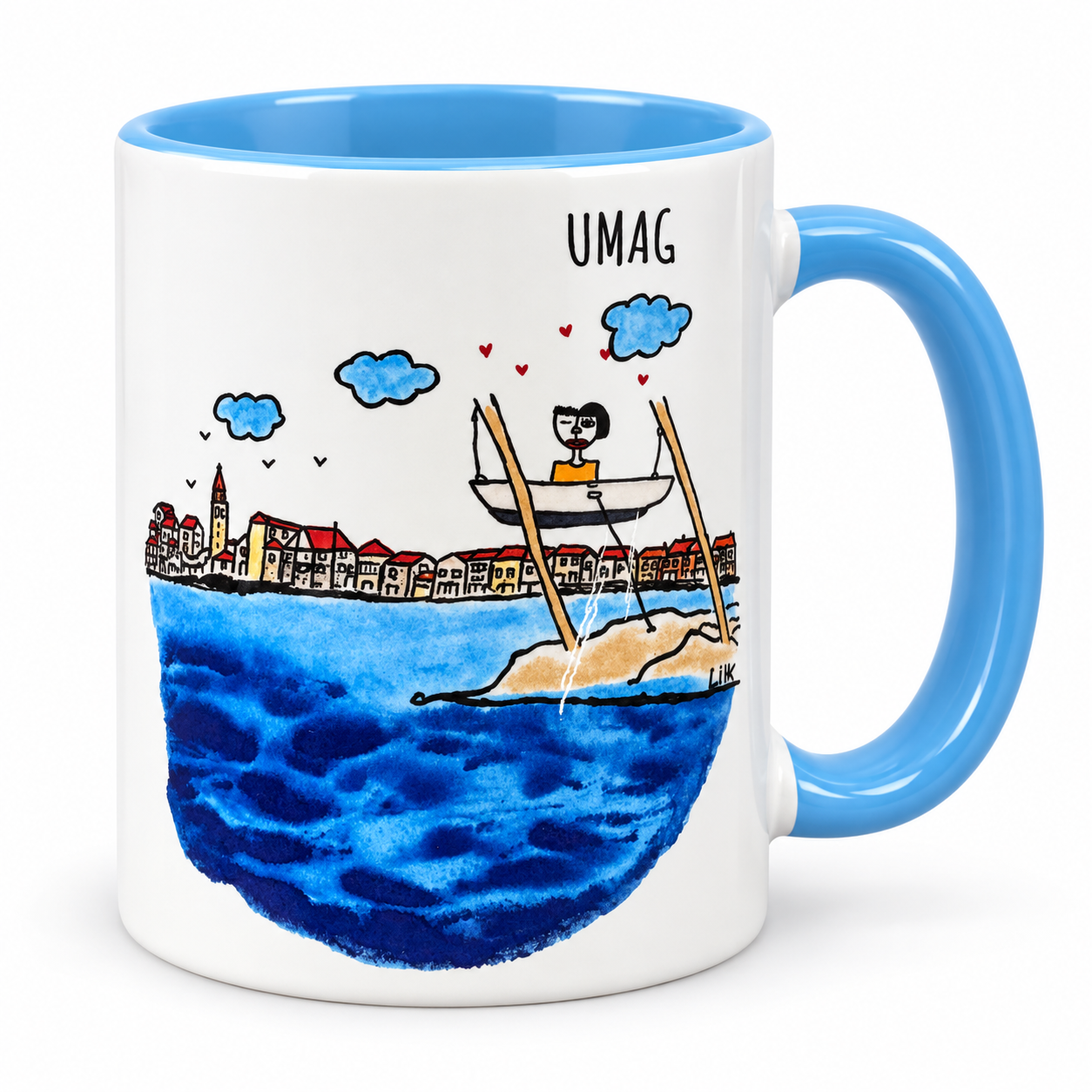 LIK Umag — šalica s motivom grue i plavom ručkom